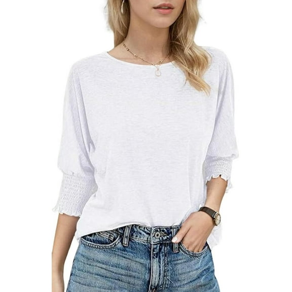 Fashion 3/4 Sleeve T Shirts for Women Cute Crewneck Ruffle Sleeve Tunic