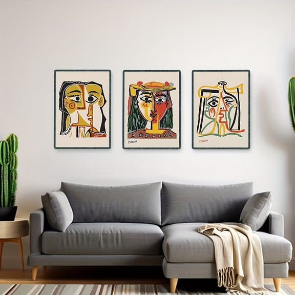 3pcs Unframed Vintage Abstract Painting Pablo Picasso Ehibition Canvas Poster Art Prints Museum Modern Gallery Wall Picture Home Decor Pack Frameless, 2D Flat, Gallery Display, Home Decoration, Abst