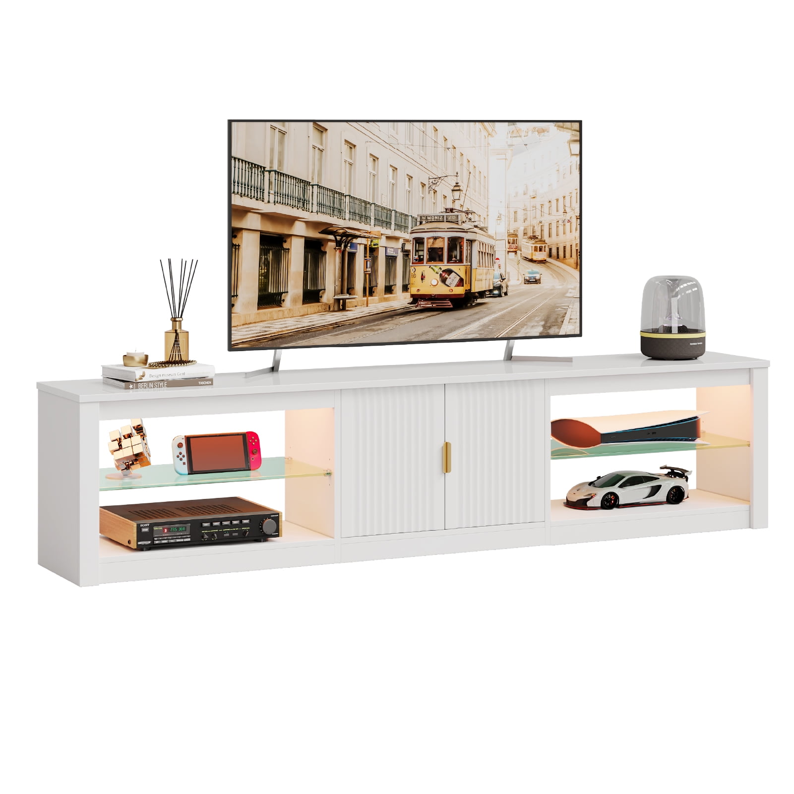 Bestier 80 inch TV Stand for TVs up to 85", High Gloss Entertainment Center with LED Lights & Storage Cabinet, Modern Fluted TV Console, White