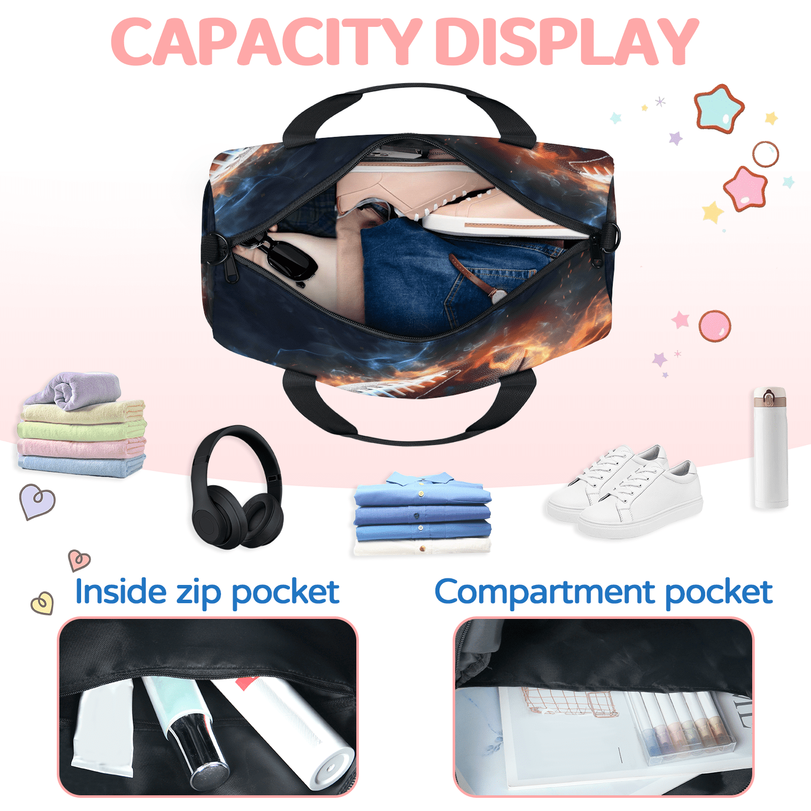 Herdesigns Football Rugby Sports Gym Bag for Women, Duffle Bag for Travel Sport, Lightweight Waterproof Carry on Weekender Overnight Dance Yoga Workout Bags