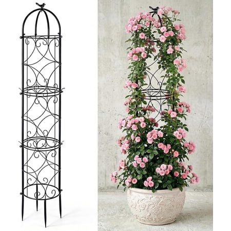 100% Metal 6.1 Ft Garden Obelisk Trellis for Climbing Plants, Rustproof Coated Floral Scrollwork Plant Support with Bird Finial, for Tomato, Rose, Grape, Cucumber, Vines, Indoor/Outdoor Black