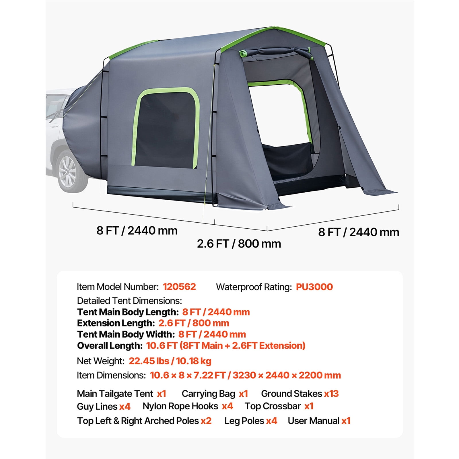KFFKFF Large SUV Tent for 5–9 People, 10.6 x 8 FT All-Season Tailgate Tent with Ventilated Door & Mesh Windows, PU3000mm Waterproof Dual-Use Car Rear Hatch Tent for Camping and Hiking