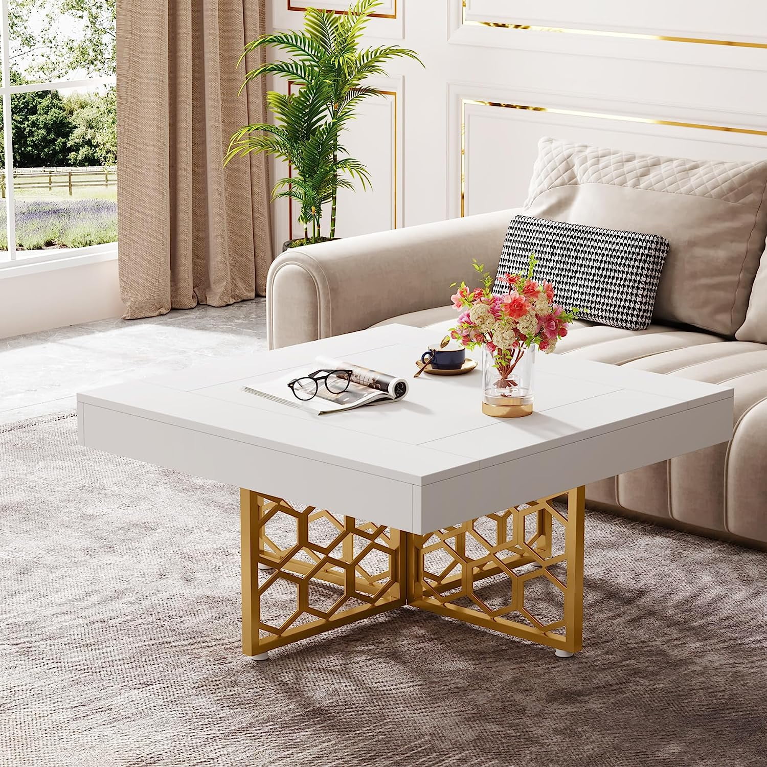 Square Coffee Table White and Glod Coffee Table Modern Coffee Table for