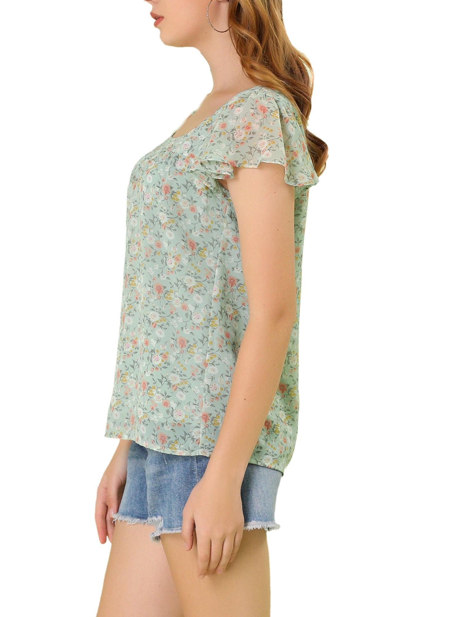 DARING DIVA Women's Floral Ruffle Sleeve Chiffon Blouse Top XS Green