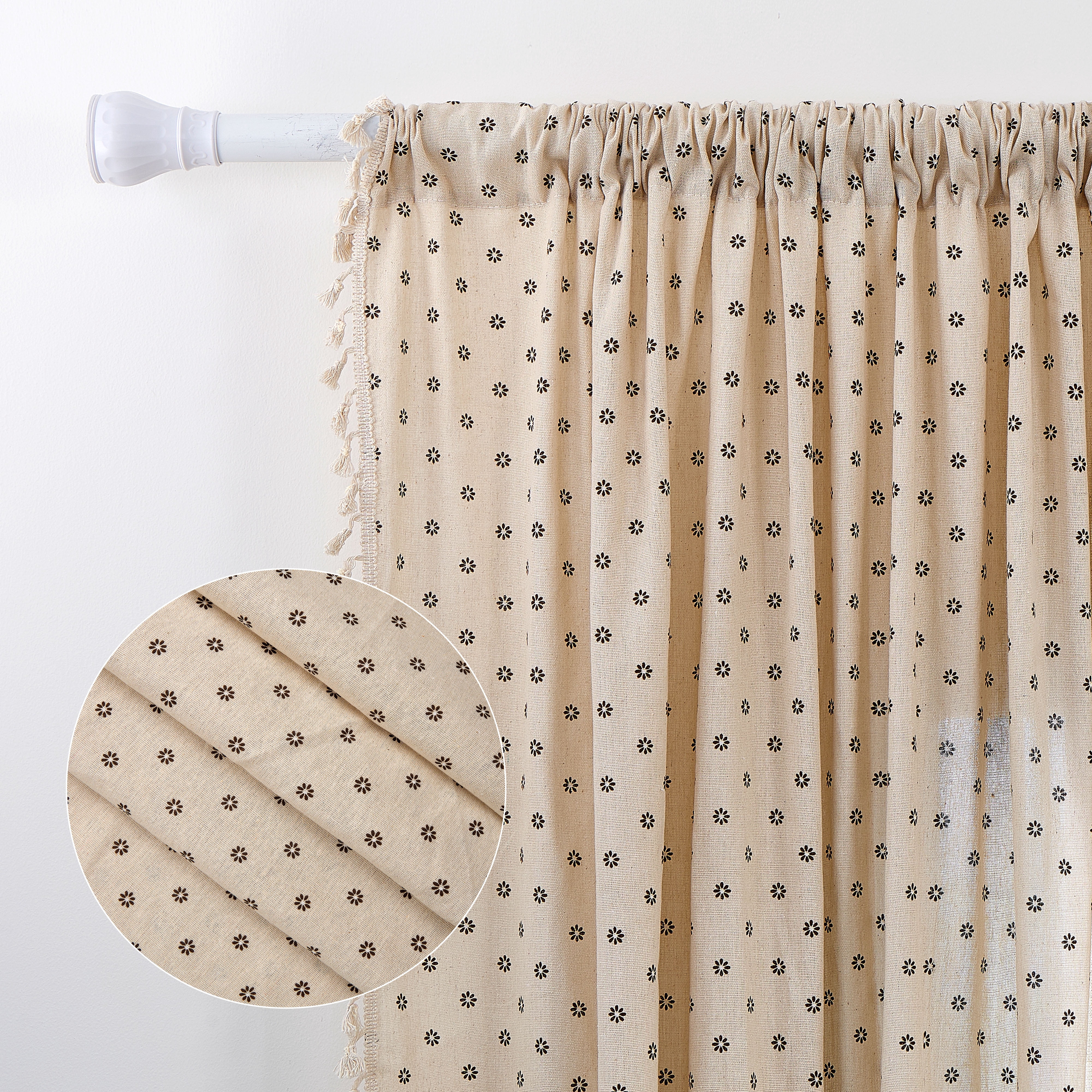 Lfeey Linen Blend Curtain Daisy Floral 96 Inches Long, Rod Pocket Curtains for Living Room, 2 Panels