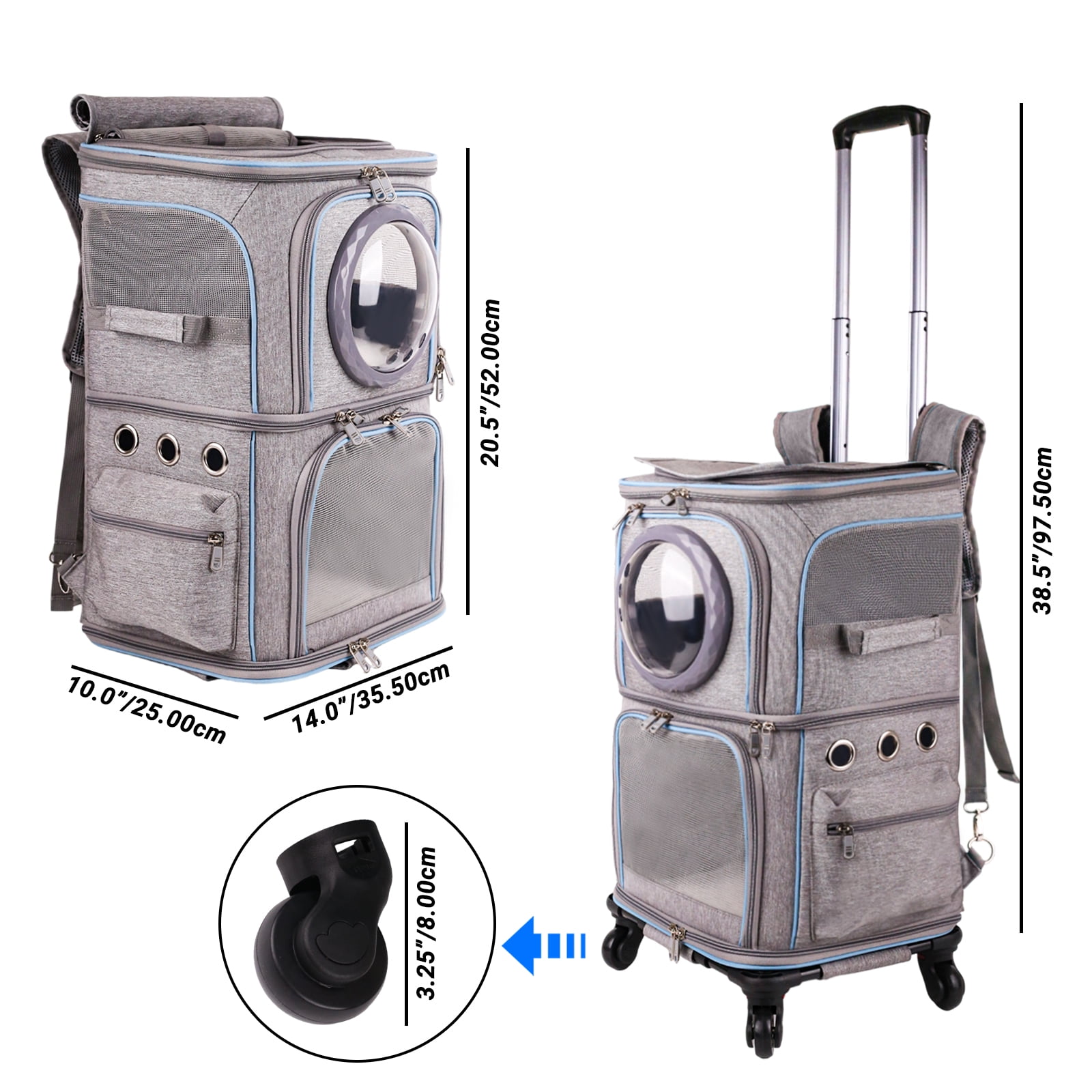 2-in-1 Pet Carrier Backpack for Two Cats or One Dog with Puller & Roller, Double-Layer 2 Compartment Carry Bag to Transport Small Animals Traveling and Hiking, Space Capsule Clear Bubble Dome