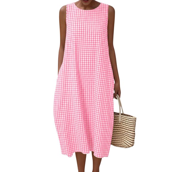Summer Dresses for Women Casual Maxi Dress Vacation Long Sundresses Plaid Striped with Pockets Pink Checkered S