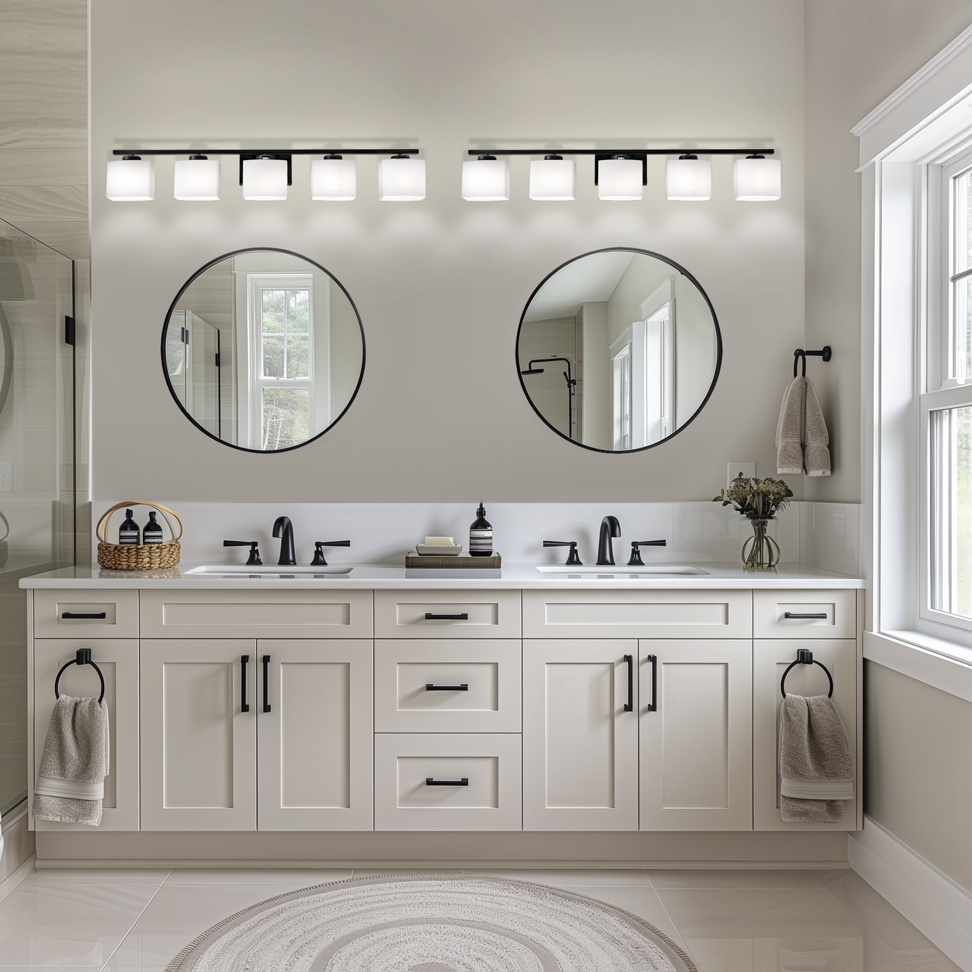 YANSUN 5-Light Bathroom Light Fixture with Milk Glass Shades , Modern Stylish Black Vanity Lighting Fixtures For Bathroom, E26 Bulb Base