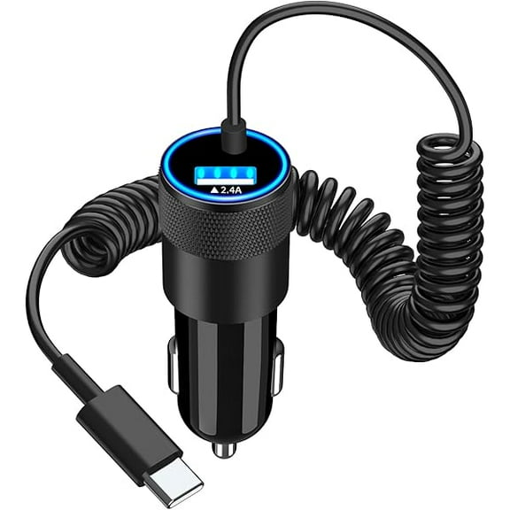 1888 iPhone 16 Car Charger Fast Charging, 4.8A USB Power Cigarette Lighter USB C Car Charger with 6FT Type C Coiled Cord for iPhone 16/16 Pro/16 Plus/16 Pro Max/15/15 Pro/iPad