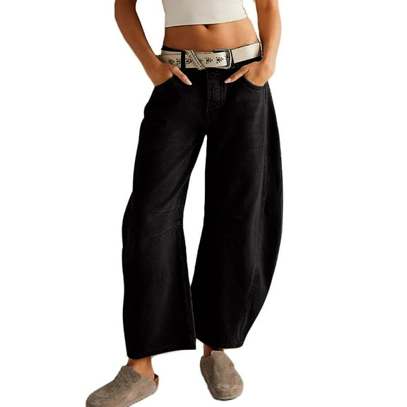 Women's Cropped Barrel Jeans Baggy Boyfriend Denim Pants Mid Waist Wide Leg Loose Fit, Vintage Washed Straight Leg Casual Jeans for Effortless Style,Black L