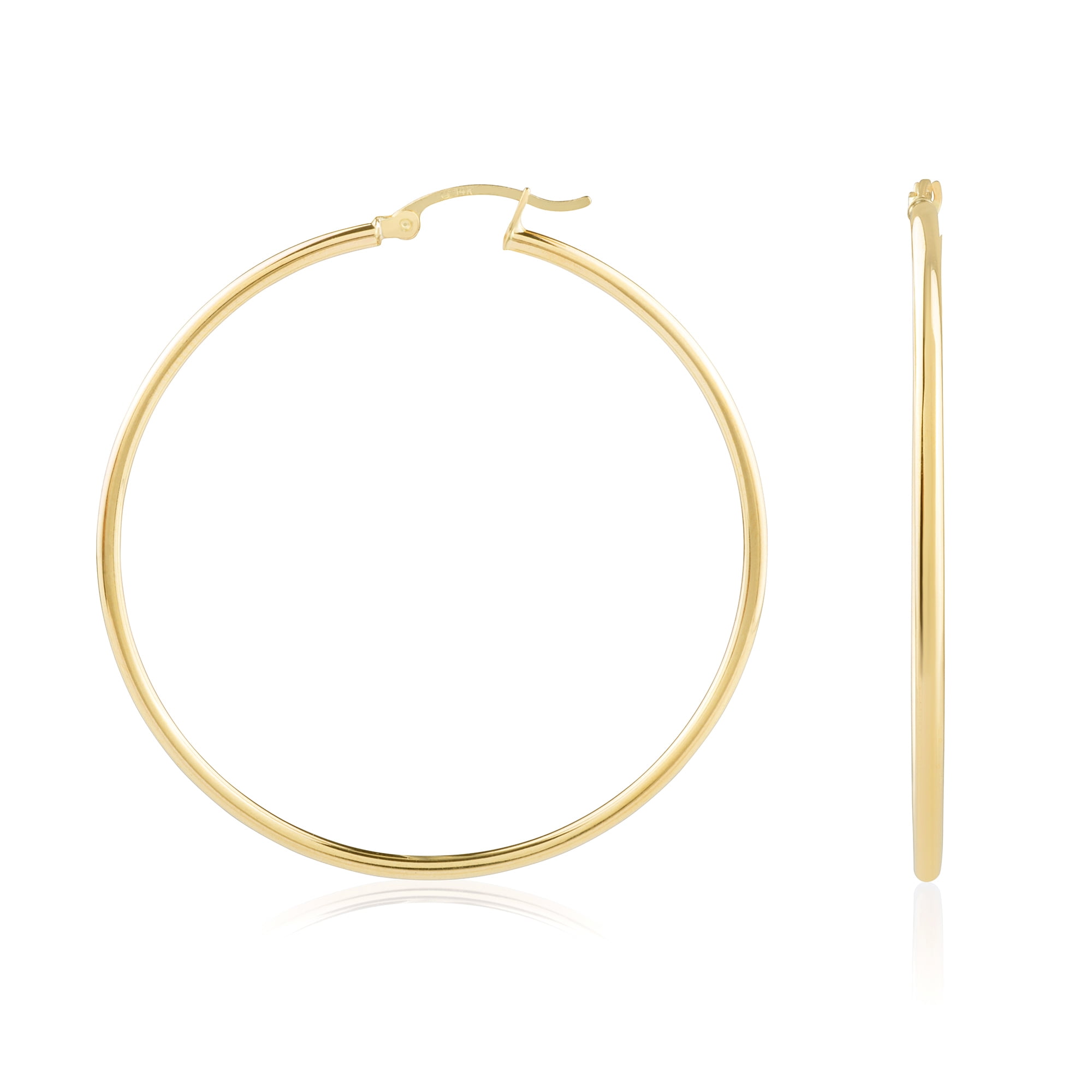 14k Yellow Gold Classic Shiny Polished Round Hoop Earrings for Women, 2mm Tube x 10-65mm Diameters