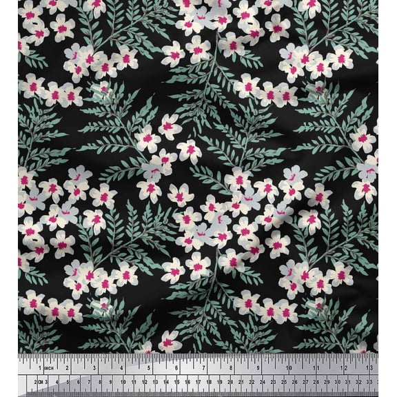 Soimoi Cotton Duck Fabric Leaves & White Flower Floral Printed Craft Fabric by the Yard 42 Inch Wide