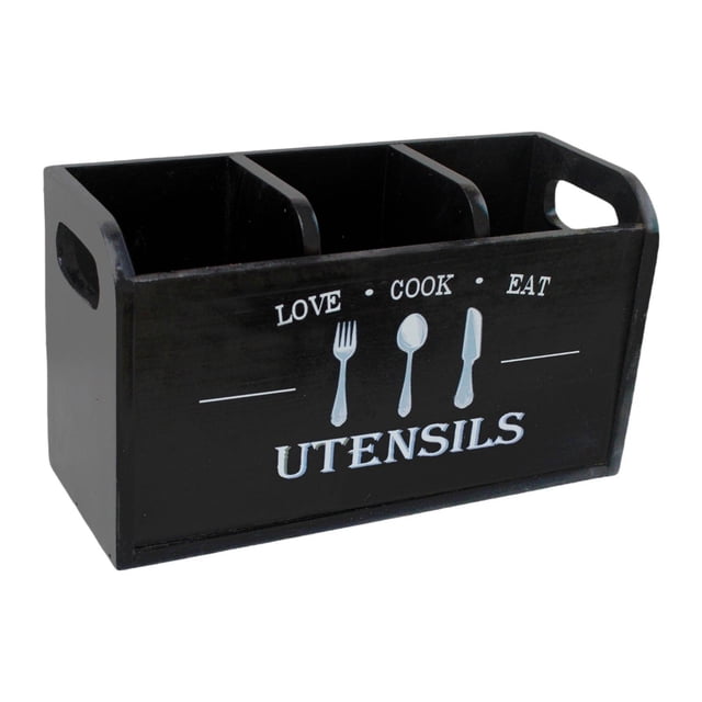 Soporte para utensilios de cocina, contenedor rústico para cubiertos, organizador de utensilios de madera, para Negro