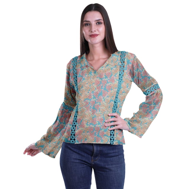 Moomaya Kurta Col Kurta Dentelle Détails Imprimé Manches Longues Tunique
