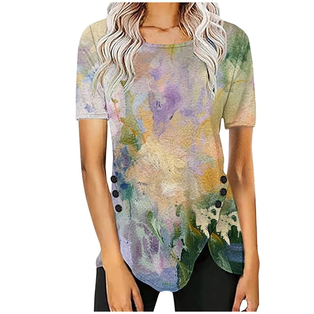 Blusas de Manga Corta para las Mujeres Botón Impreso Cuello Redondo Top Casual, Blusas para las Mujeres Casual