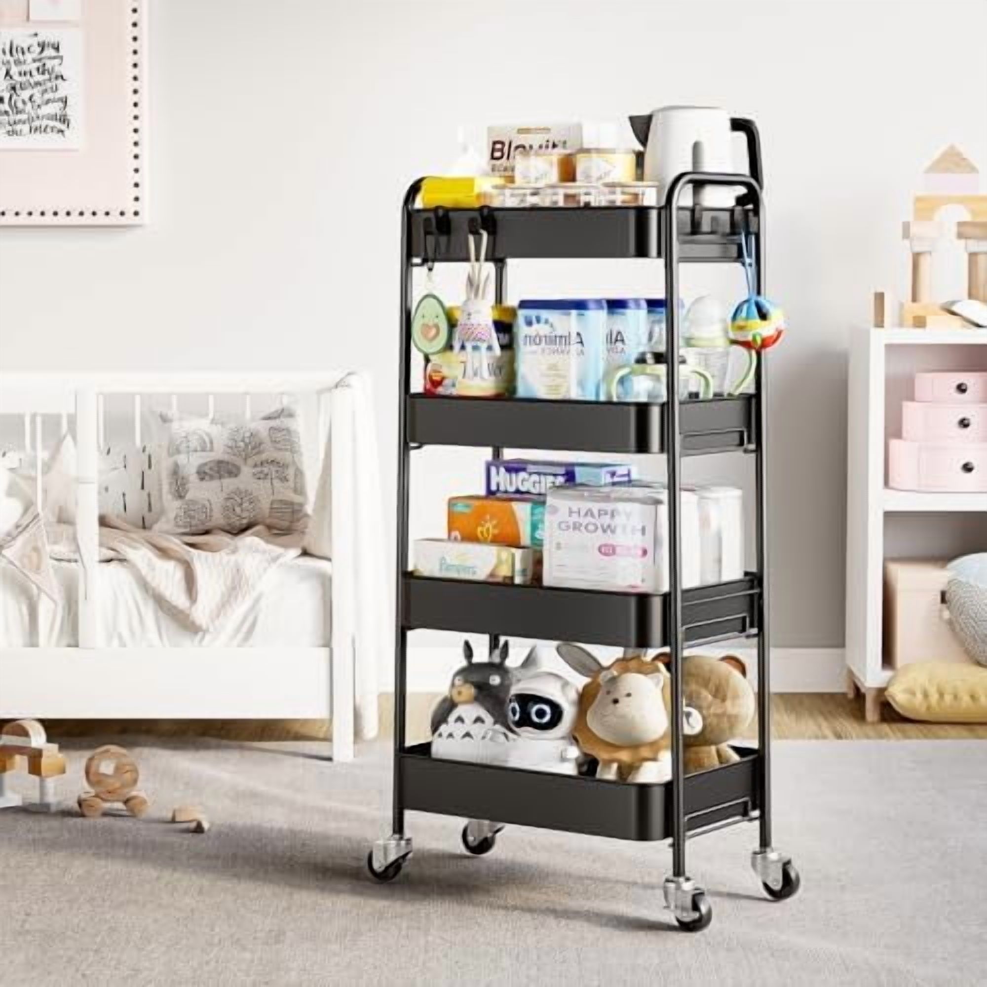 4-Tier Metal Rolling Cart with Wheels, Storage Utility Organizer Cart for Kitchen, Bathroom, Office, Baby Essentials & Makeup - Lockable Casters, Easy Assembly, Large Capacity, Black