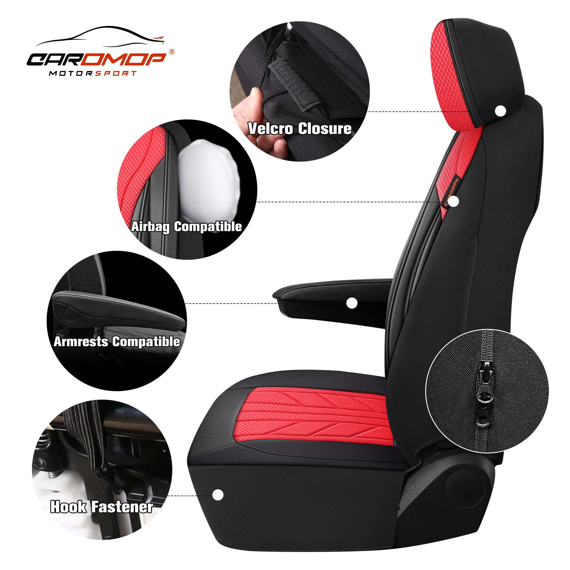 Caromop Red, Luxury Faux Leather & Fabric, Breathable 3D Foam, Armrest Covers,Airbag compatible,Full Seat Covers