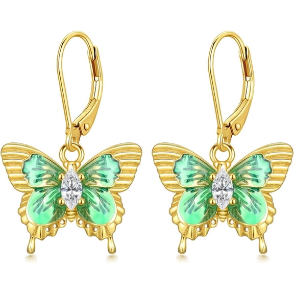 Butterfly Drop Earrings for Women 925 Sterling Silver Plated 18K Yellow Gold Butterfly Dangle Earrings with Cubic Zirconia