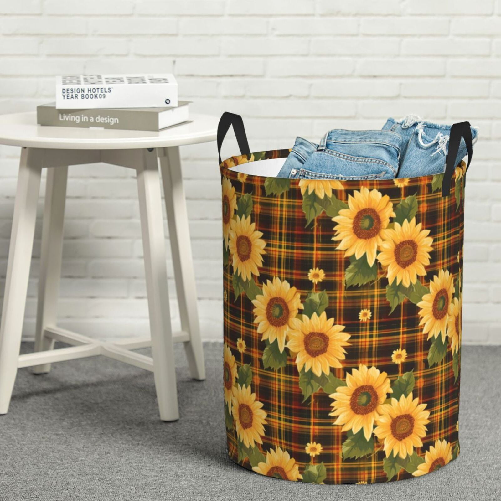 Fuzoiu Yellow Black Plaid Sunflower Print Circular Hamper,Laundry Basket with Handle,Collapsible Laundry,Dirty Clothes Storage Basket,for Bedroom Bathroom Dorm Living Room-Small
