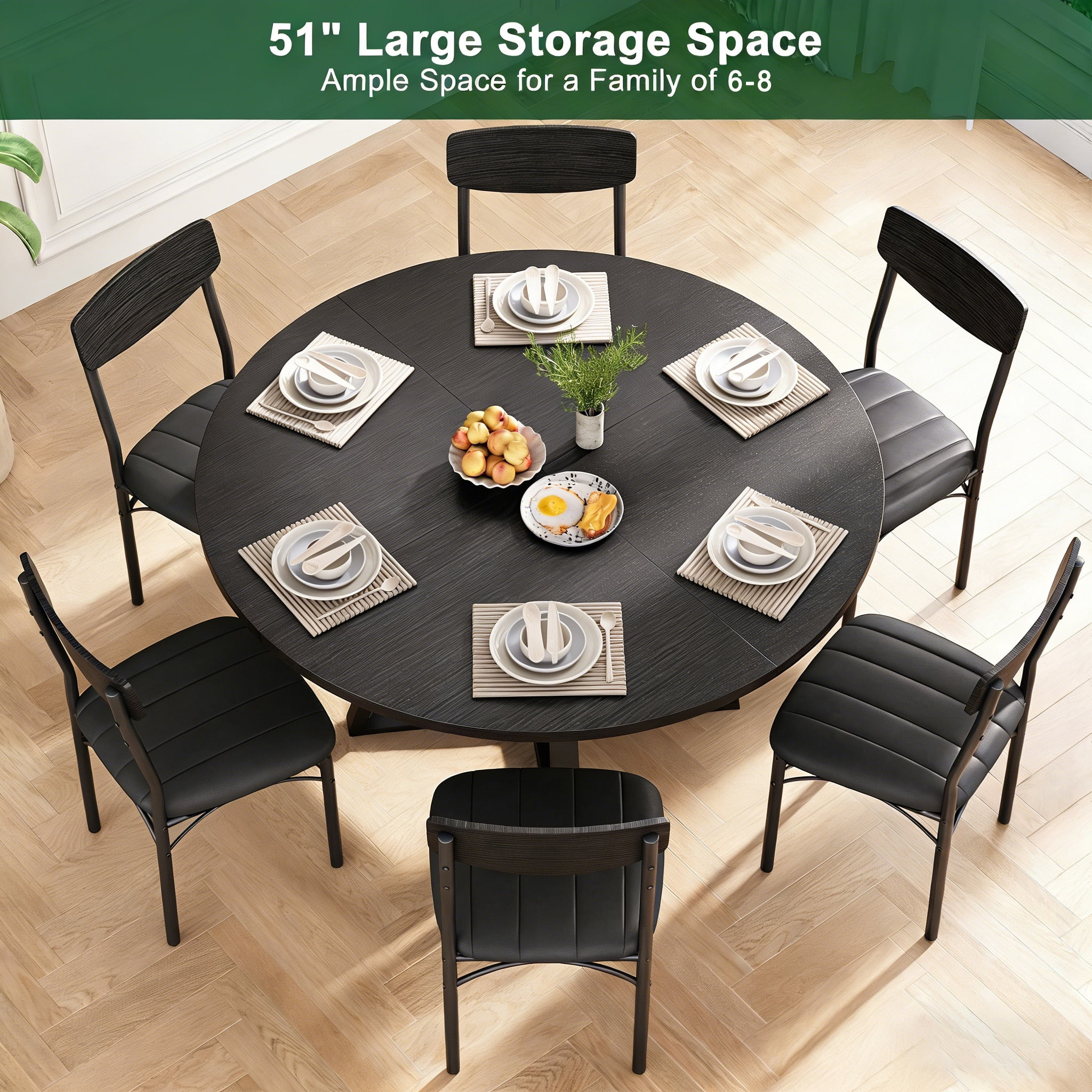 Anyact 51in Round Dining Table for 6-8 Persons, Circle Dinner Table Pedestal Metal Frame, Kitcen Table Sturdy Wood Kitchen & Dining Room Furniture, Black(Only table)