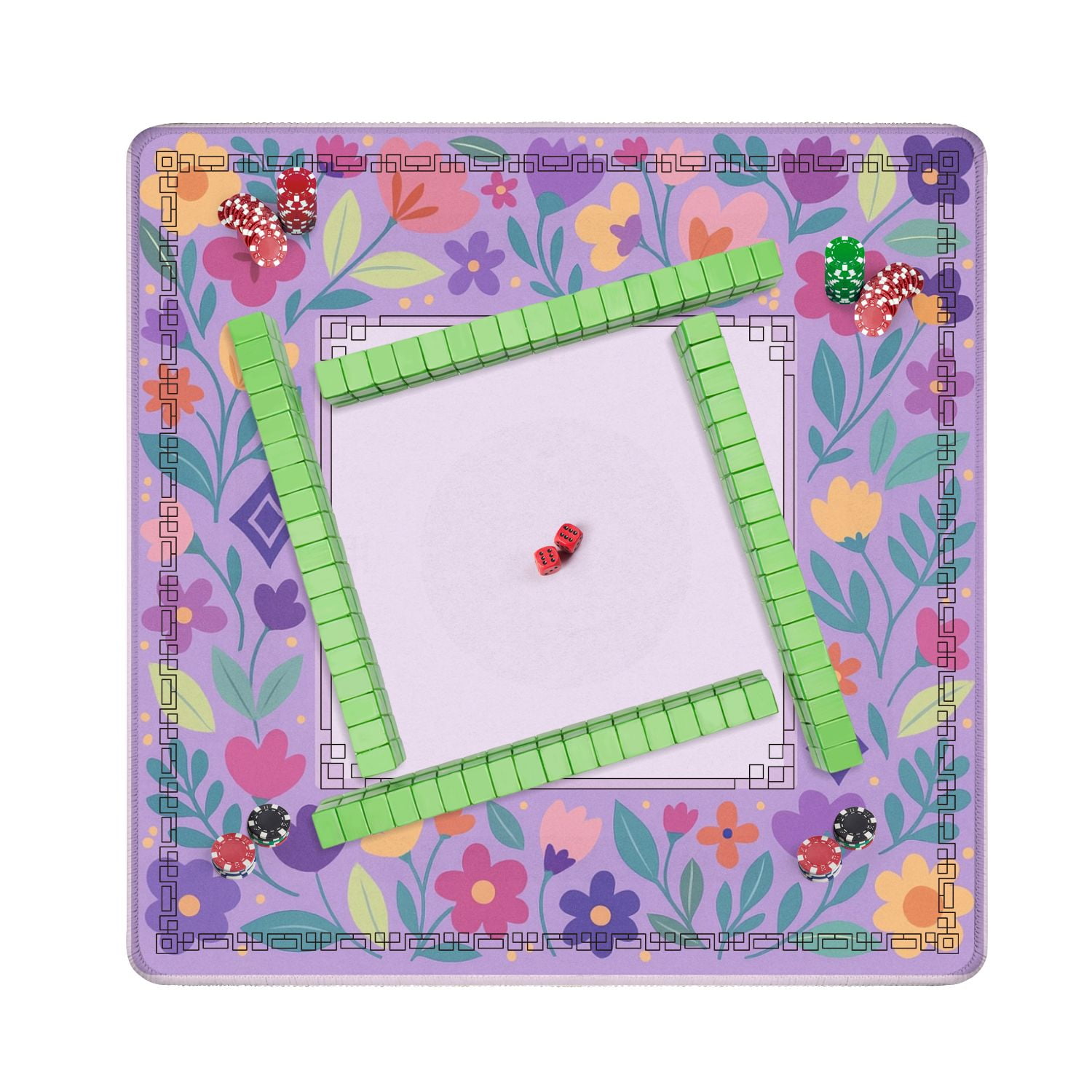 Mahjong Mat 31.5" x 31.5" Colorful Floral Frame Purple Vibrant Flower Anti-Slip and Noise Reduction Symmetry Design Mahjong Tiles Table Cover for Dominoes Poker Card Board and Tile Games