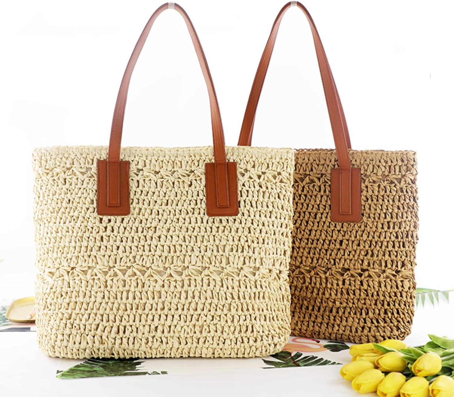 CoCoMangos Straw Bag for Women Woven Beach Structured Tote Handmade Crochet Carteras De Mujer Summer Shoulder Bohemian Pom Travel