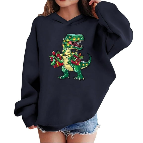 Lorytime Christmas Sweaters for Kids Girls Boys Dinosaur Hoodies Long Sleeve Pullover Drop Shoulder Cute Tops Blue