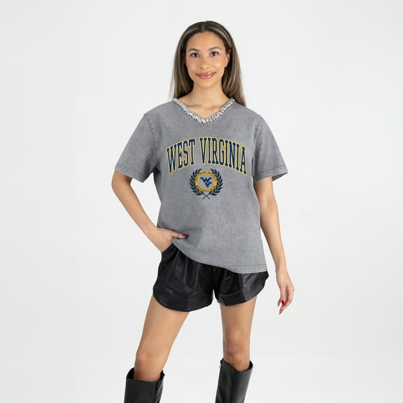 Women's Gameday Couture Gray West Virginia Mountaineers Iconic Edge Rhinestone V-Neck T-Shirt