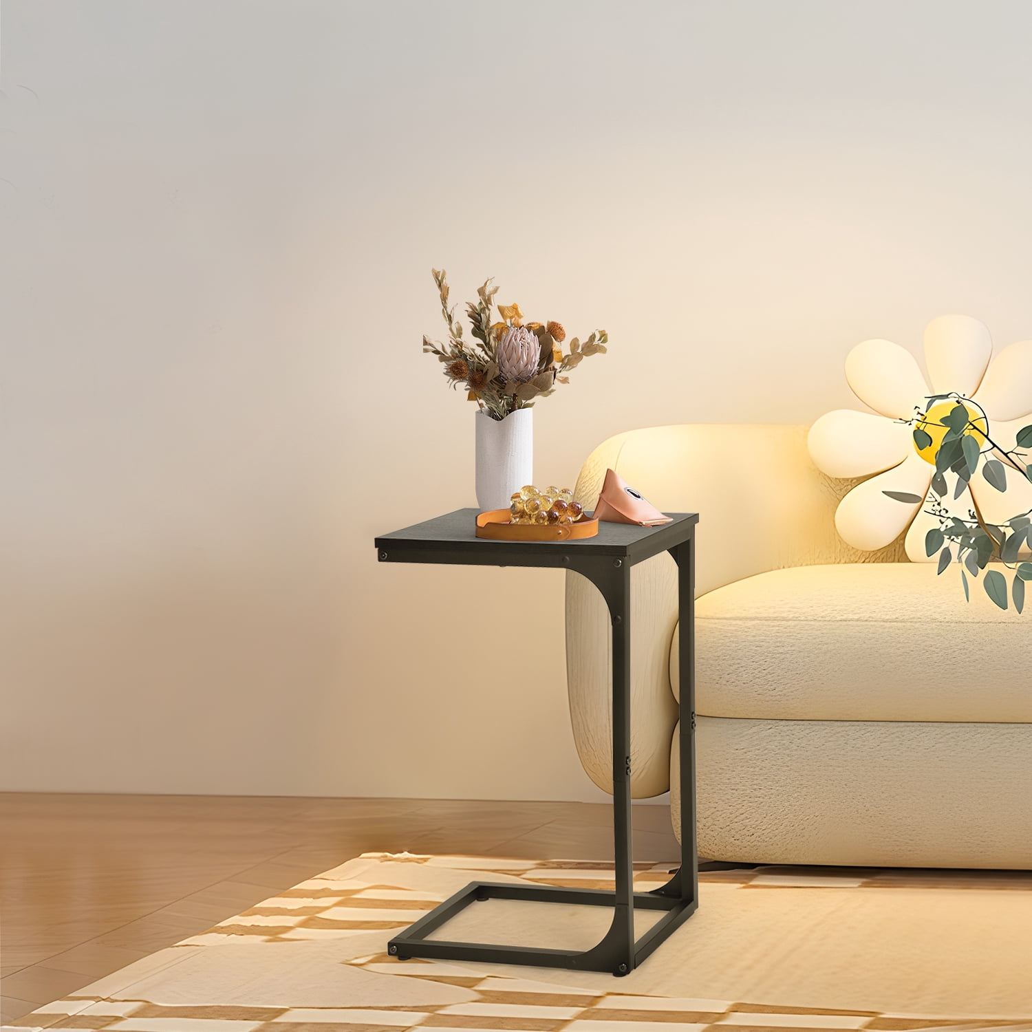NiamVelo C-Shaped End Table Set of 2 , Small Side Table for Couch, Sofa Table with Metal Frame for Living Room, Bedroom, Bedside （Black）