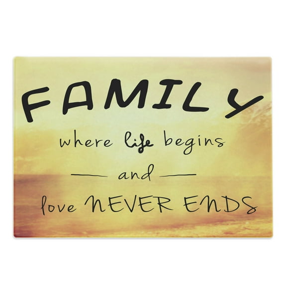 Family Cutting Board, Message About Family Life and Love on Dreamy Backdrop Wisdom, Decorative Tempered Glass Cutting and Serving Board, Large Size, Yellow Marigold Black, by Ambesonne