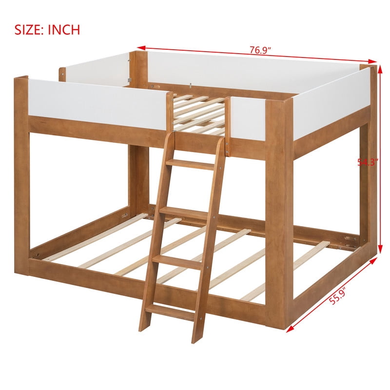 Full-Over-Full Low-Profile Bunk Bed with Guardrails, Wooden Kids Bed with Reversible Ladder, Accent Two-Tone Bed Frame