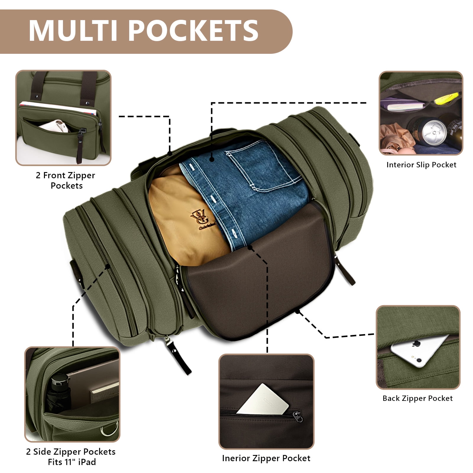 DAKOMM Canvas Duffle Bag 50L, Duffle Bag for Travel Expandable Duffel Bags Waterproof Weekender Overnight Travel Bag Gym Carry On Luggage Bag for Men & Women (Army Green)