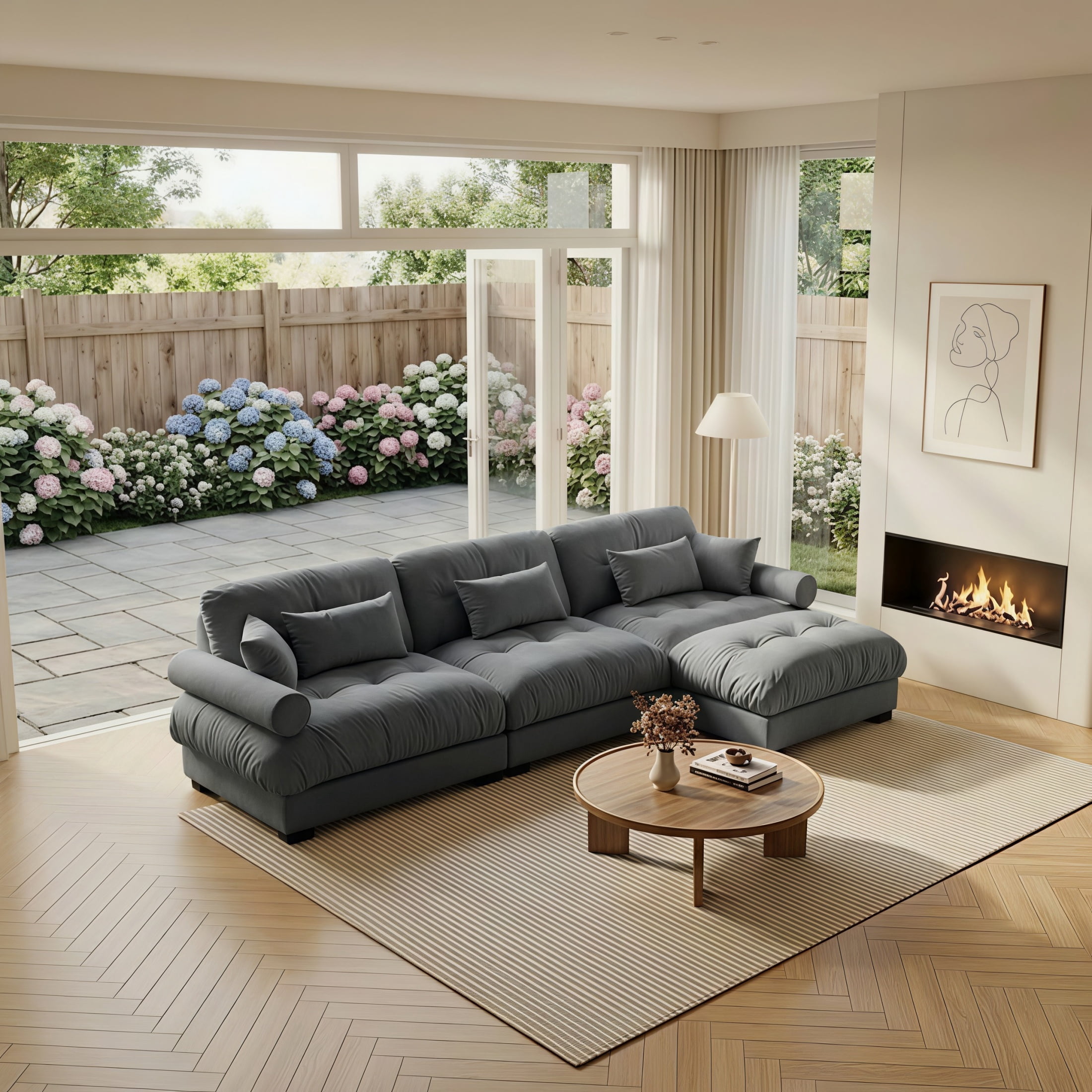Amuille 130" Modular Sectional Sofa Velvet L Shaped Cloud Couch with Movable Ottomans, Deep Seat Couch for Living Room, with Pillows, Gray