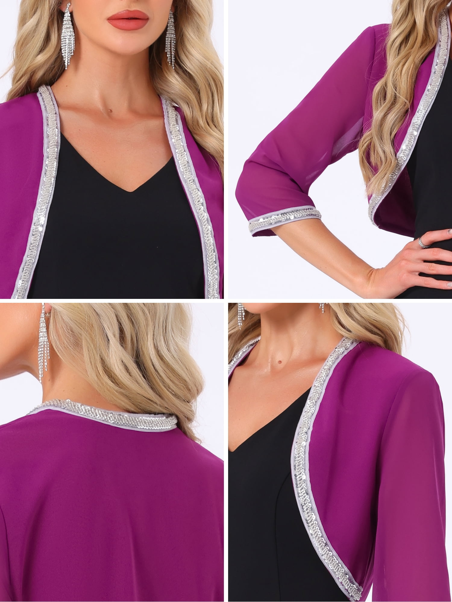 DARING DIVA Women's Sequin Beaded Open Front Evening Shrug M Purple