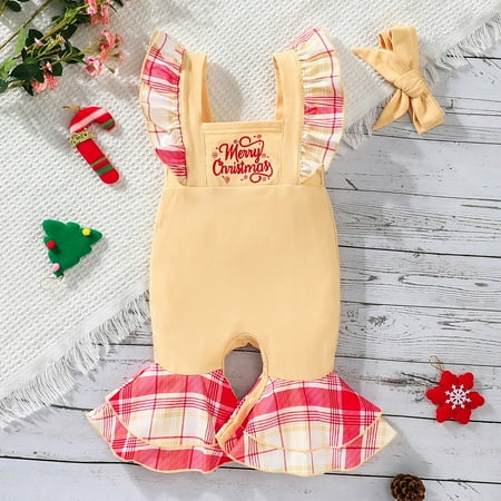 

KaLI_store Toddler Girls Christmas Sleeveless Ruffles Deer Embroidered Romper Bell Bottoms Flare Jumpsuit Baby Organic Romper