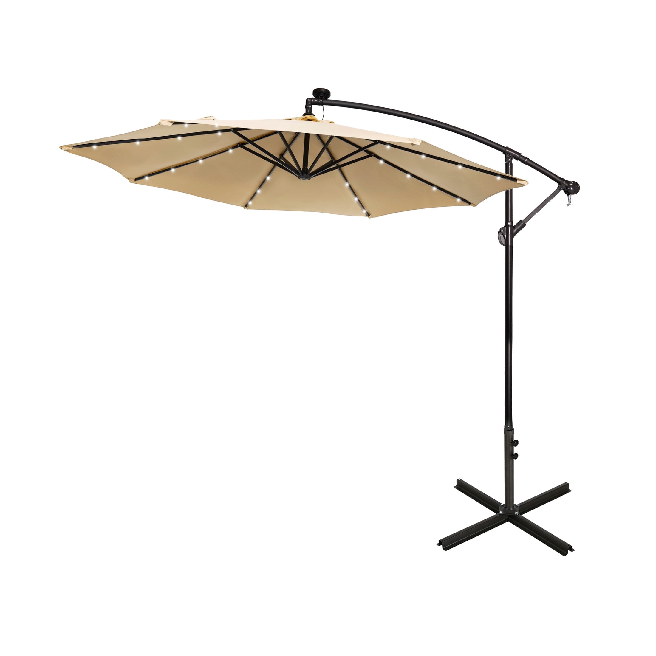 WestinTrends Albert 10 Ft Offset Patio Umbrella, Solar Powered 32 LED Light Outdoor Pool Hanging Cantilever Umbrella with Infinite Tilt and Crank Lift, Beige