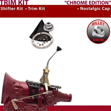 American Shifter TH350 Shifter Kit Chrome 8 in. Trim Kit Push Button Cap Black Boot Billet Knob for EDF02