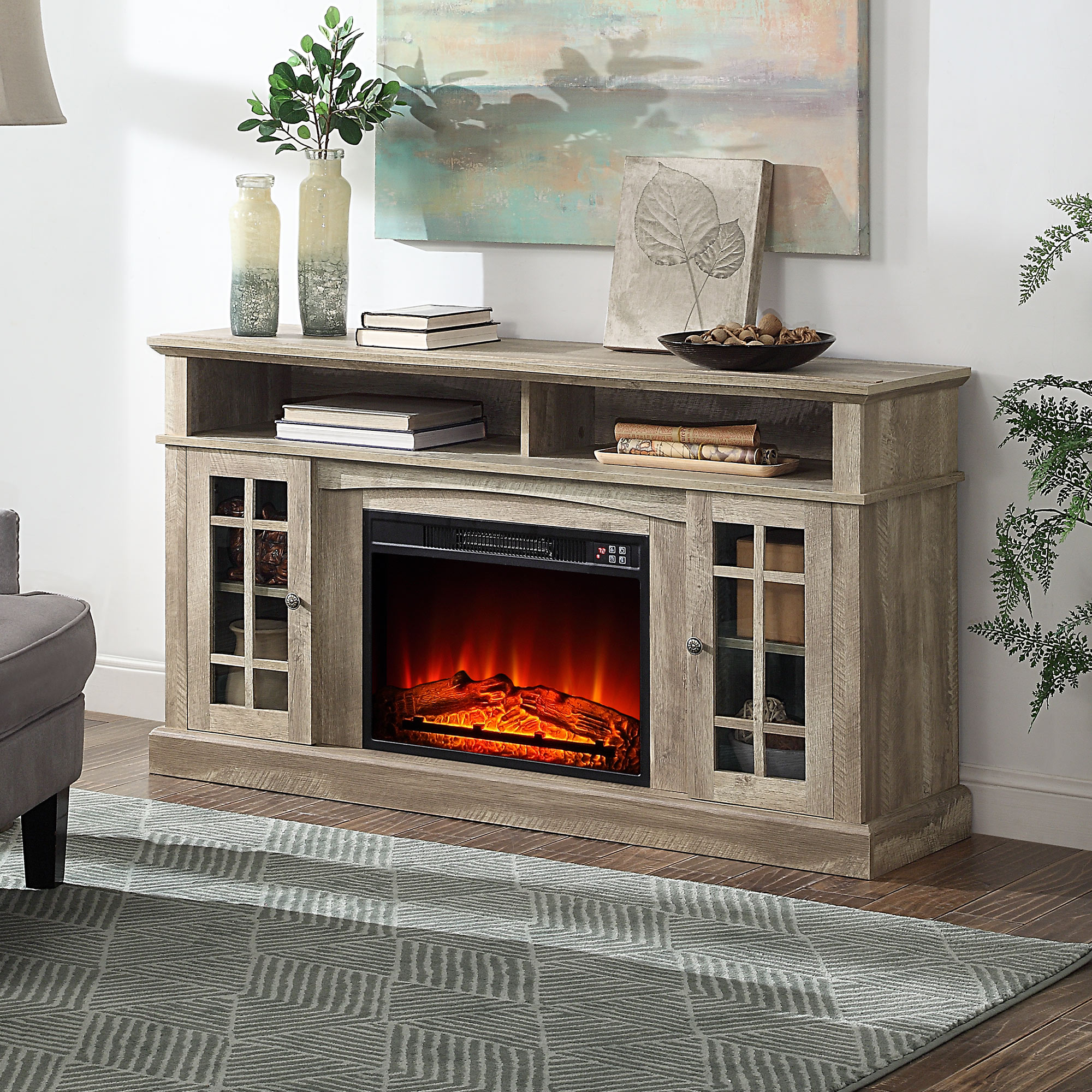 BELLEZE Fireplace TV Stand With Remote Control Console Media Shelves