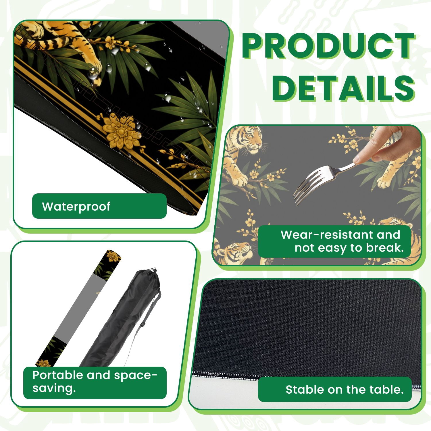 Mahjong Mat 31.5" x 31.5" Golden Tigers Tropical Leaves Blossoms Black Non-Slip Noise Reduction American Mahjong Tiles Table Cover for Dominoes Poker Card Board Games Gift