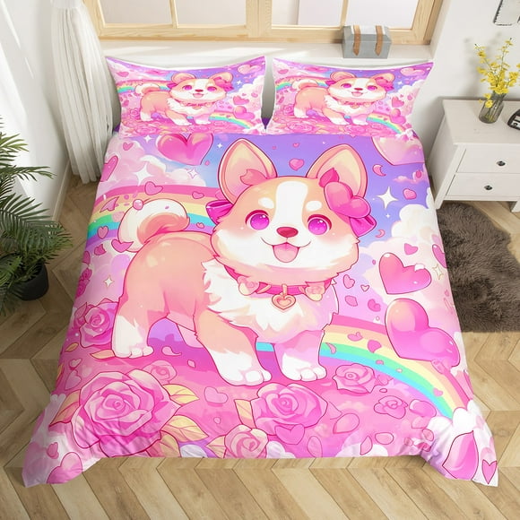 Dog Kids Bedding Set Kawaii Corgi Queen Comforter Cover Cute Puppy Heart Watercolor Duvet Cover Cartoon Pet Pug Animals Quilt Cover Purple Pink for Kids Boys Girls Teens(No Comforter)