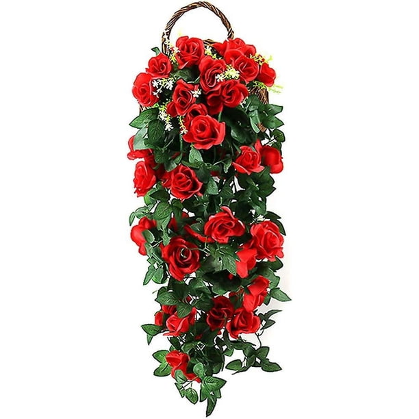 Flores colgantes Plantas colgantes artificiales Plantas colgantes de vid de rosas artificiales Flor artificial para la habitación del hogar (rojo)
