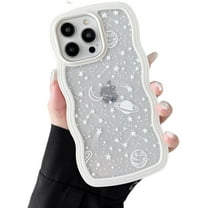for iPhone 14 Pro Case 6.1 inch,Cute Curly Wave Frame Shape Case with Star Space Pattern, Clear Slim Shockproof Hard PC Bumper Phone Case for iPhone 14 Pro, White