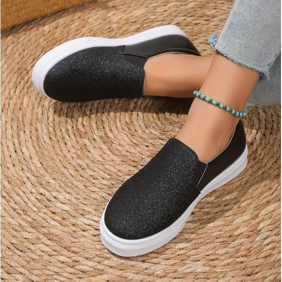 Shoes Gold Glitter Slip-On Platform Sneakers - Breathable Casual Shoes Flat Loafers Canvas Walking Shoes for Women