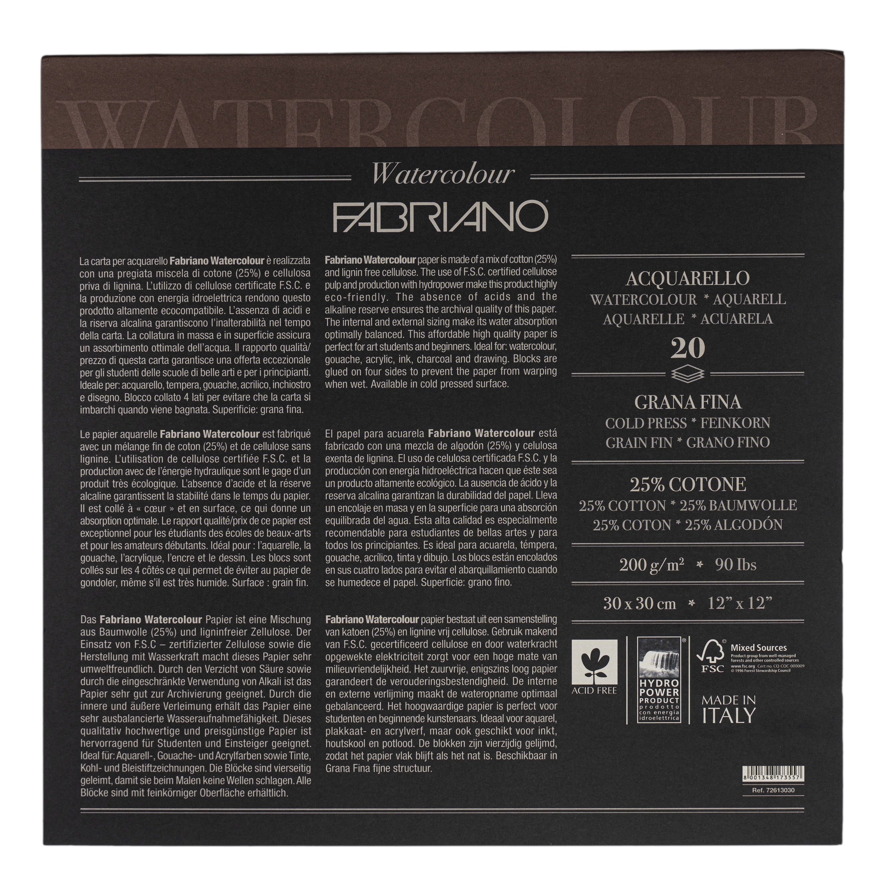 Fabriano Studio Watercolor Block, Cold Press, 90 lb./200 gsm, 11.8" x 11.8"