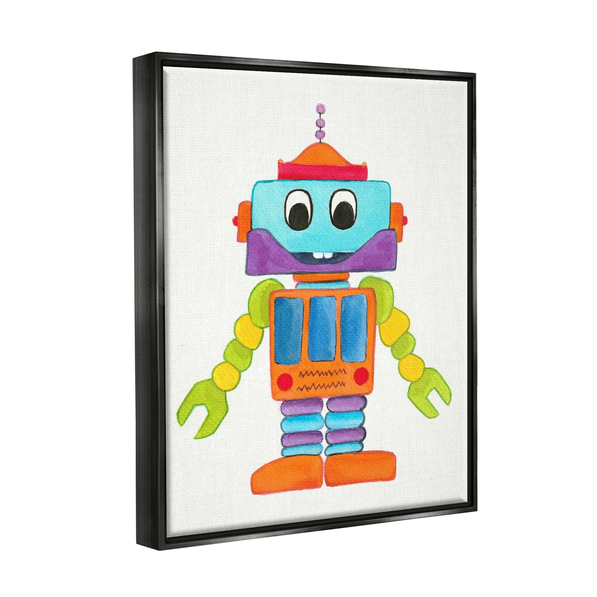 Stupell Industries Bold Smiling Robot Vivid Playful Kids Illustration Painting Jet Black Floating Framed Canvas Print Wall Art, Design by Elvira Errico