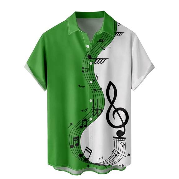 Men Button Up Shirt Musical Symbol Print Turndown Collar Shirt Short Sleeve Casual Relaxed Fit Lightweight Shirts for Men