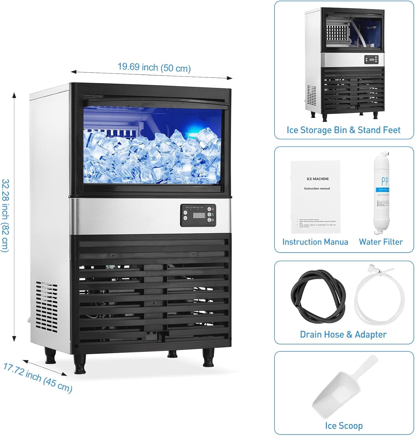 Commercial Ice Maker Machine, 150 lbs/24 Hours, 27 lbs Storage Bin, Stainless Steel, Blue Light, Freestanding, Great for Home or Business, Includes Ice Scoop, Connecting Hose