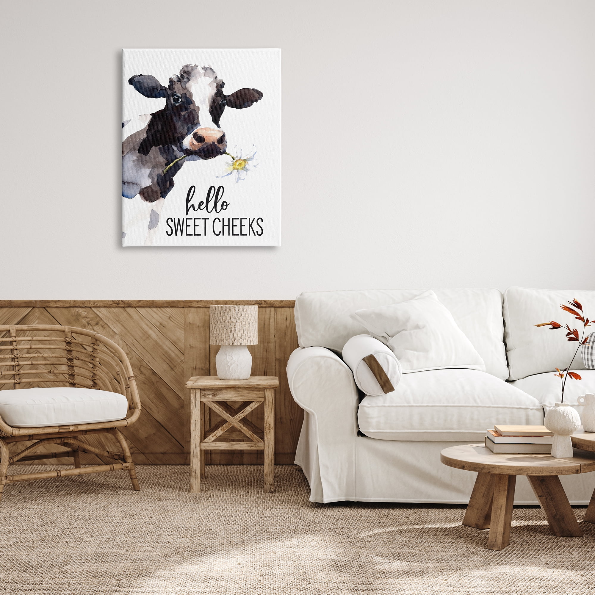 Stupell Industries Hello Sweet Cheeks Country Cow Cattle Holding Flower Graphic Art Gallery Wrapped Canvas Print Wall Art, Design by Lettered and Lined