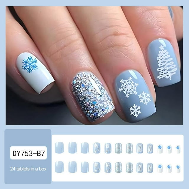 Christmas 24PCs False Fake Nails Snowflake French Fake Nails Acrylic Nail A