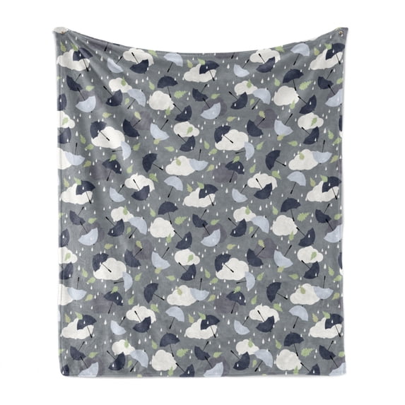 Weather Soft Flannel Fleece Blanket, Composition of Raindrop and Umbrella Patterns Falling Leaves Rainy Clouds, Cozy Plush for Indoor and Outdoor Use, 60" x 80", Pale Green and White, by Ambesonne